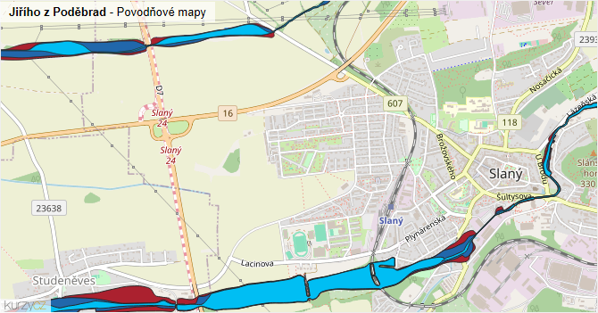 Jiřího z Poděbrad - záplavové mapy stoleté vody