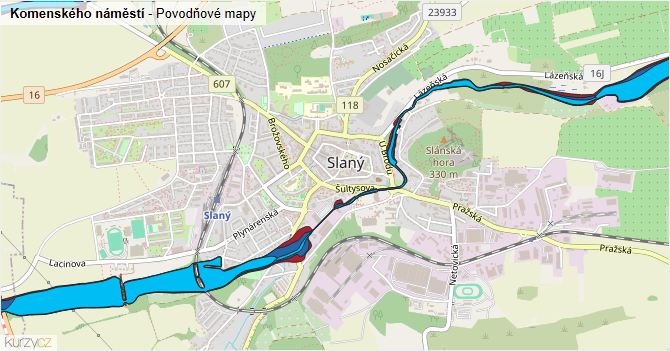 Komenského náměstí - záplavové mapy stoleté vody
