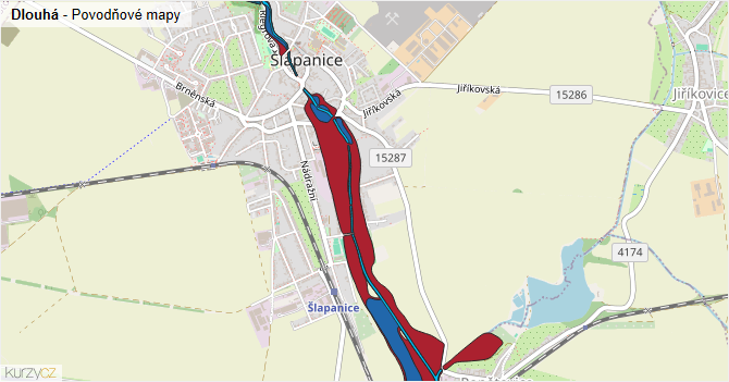 Dlouhá - záplavové mapy stoleté vody