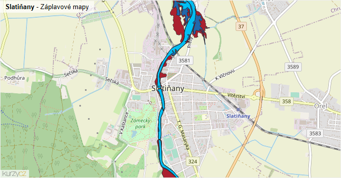 Slatiňany - záplavové mapy stoleté vody
