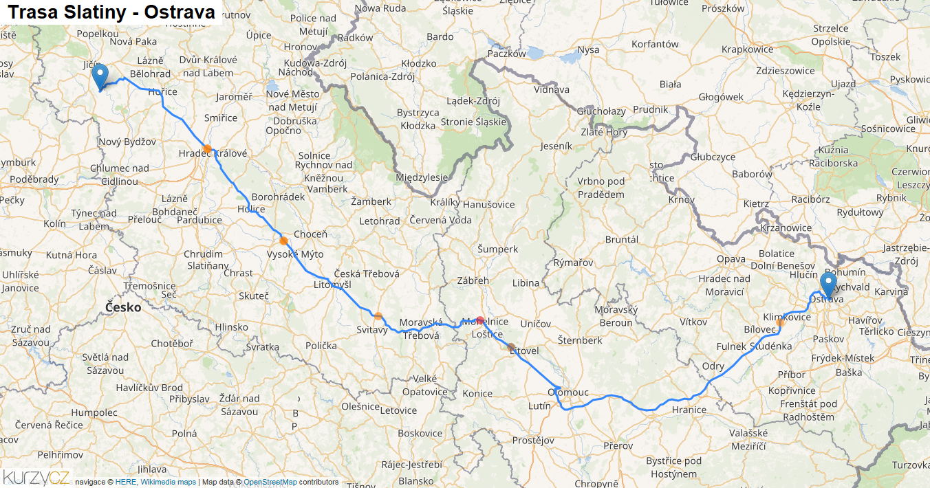 Slatiny-Ostrava, mapa trasy