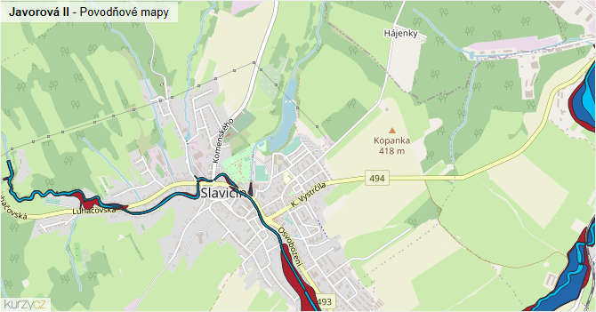 Javorová II - záplavové mapy stoleté vody