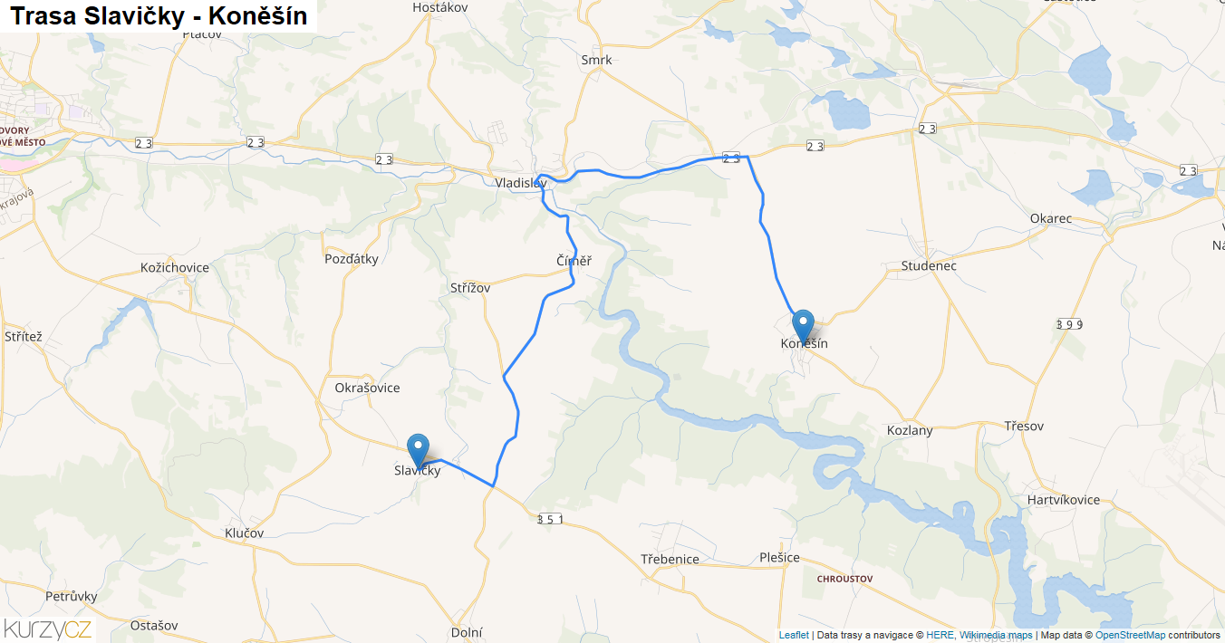 Slavičky-Koněšín, mapa trasy