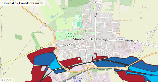 Brněnská - záplavové mapy stoleté vody