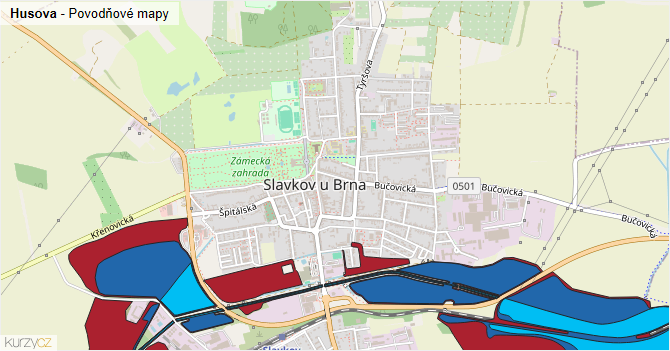 Husova - záplavové mapy stoleté vody