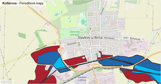 Kollárova - záplavové mapy stoleté vody