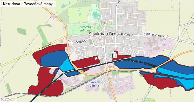 Nerudova - záplavové mapy stoleté vody