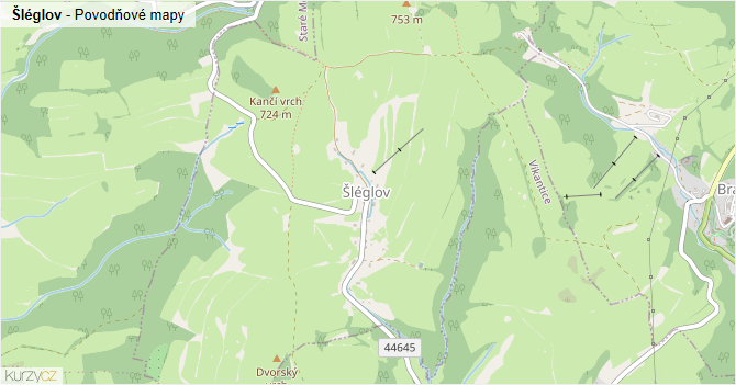 Šléglov - záplavové mapy stoleté vody