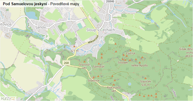Pod Samuelovou jeskyní - záplavové mapy stoleté vody