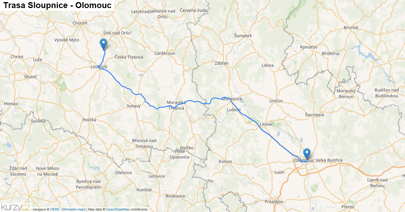 Sloupnice-Olomouc, mapa trasy
