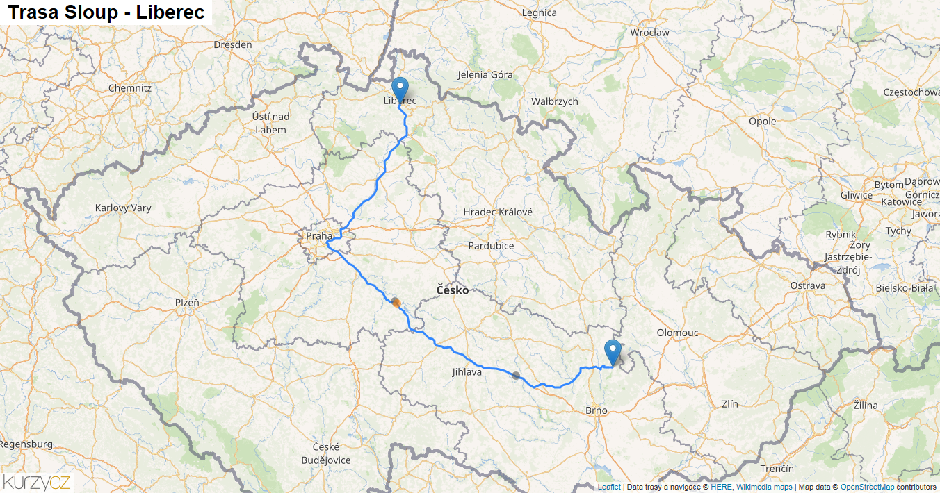 Sloup-Liberec, mapa trasy