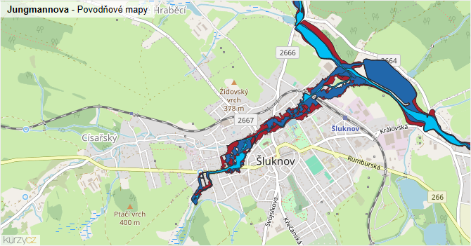 Jungmannova - záplavové mapy stoleté vody