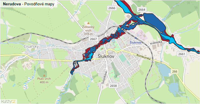 Nerudova - záplavové mapy stoleté vody