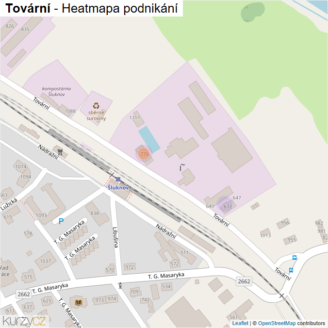 Mapa Tovární - Firmy v ulici.