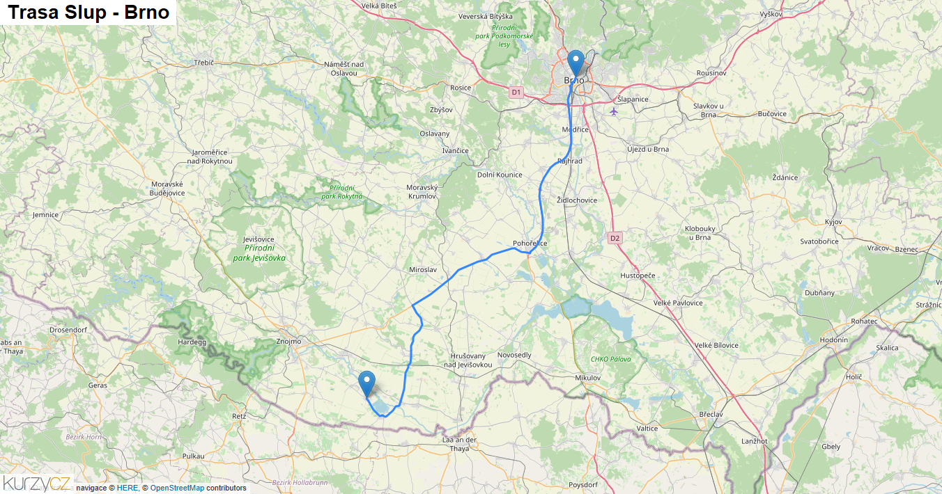 Slup-Brno, mapa trasy