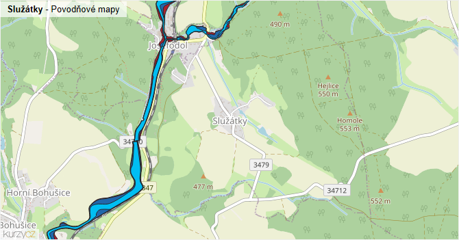 Služátky - záplavové mapy stoleté vody