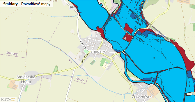 Smidary - záplavové mapy stoleté vody