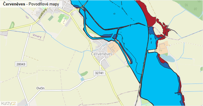 Červeněves - záplavové mapy stoleté vody