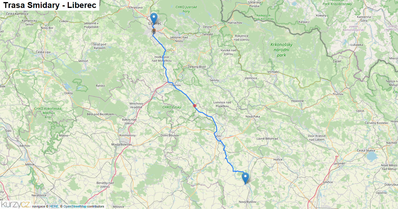 Smidary-Liberec, mapa trasy