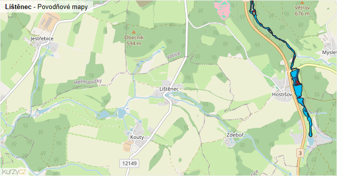 Líštěnec - záplavové mapy stoleté vody