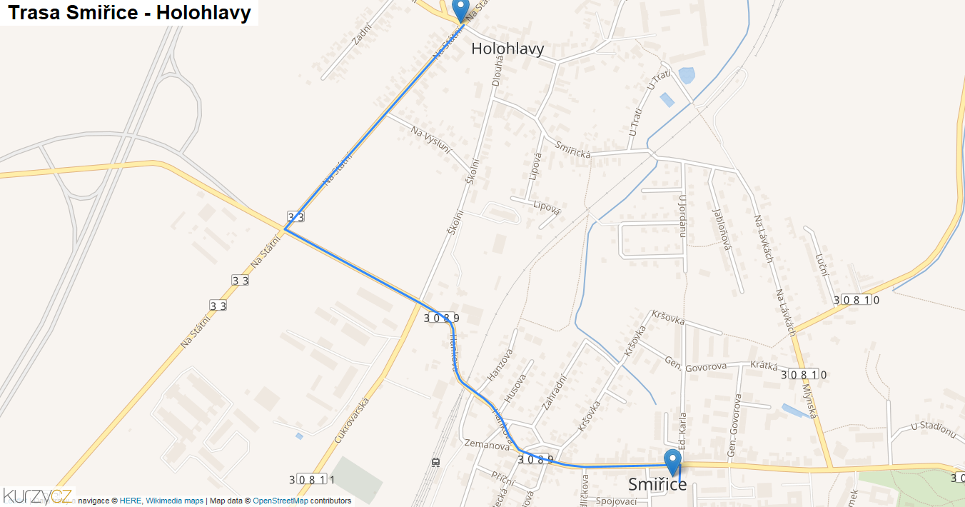 Smiřice-Holohlavy, mapa trasy