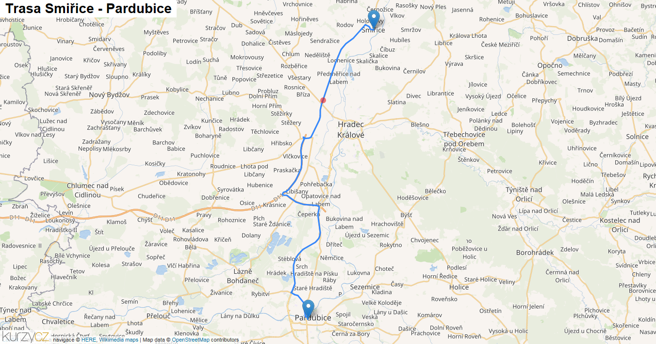 Smiřice-Pardubice, mapa trasy
