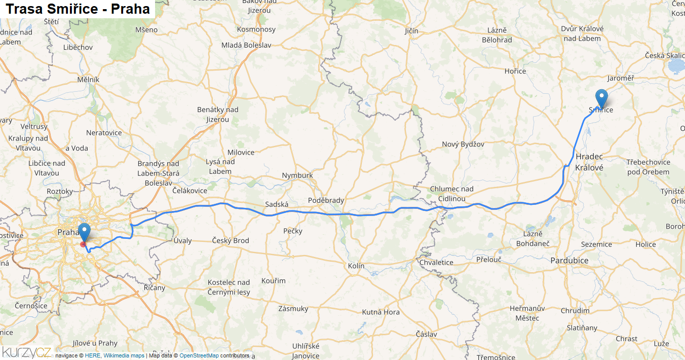 Smiřice-Praha, mapa trasy