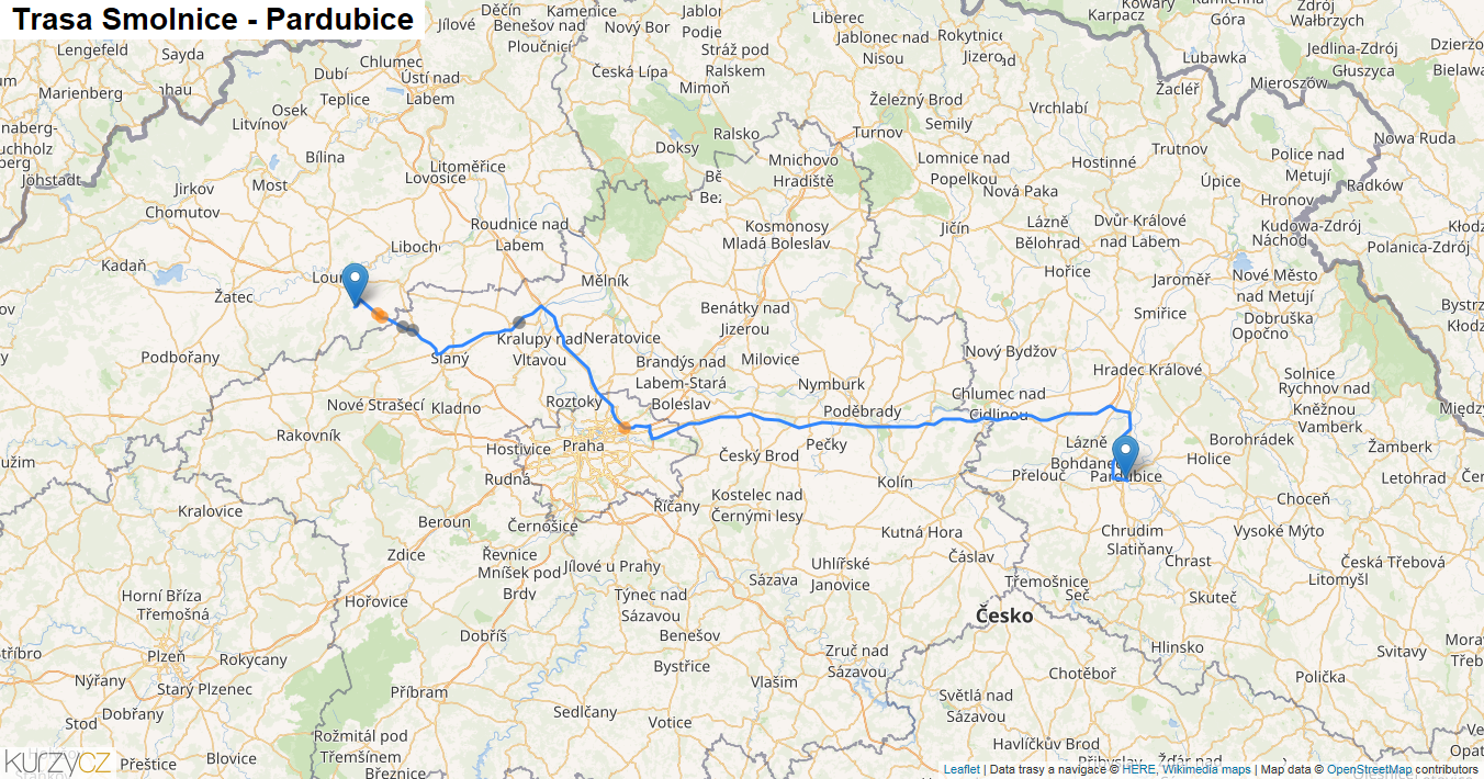 Smolnice-Pardubice, mapa trasy