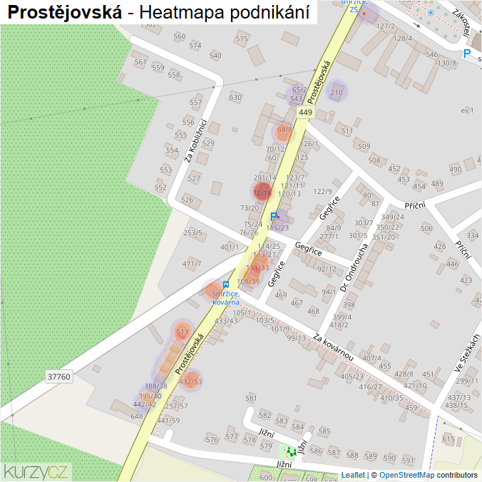 Mapa Prostějovská - Firmy v ulici.