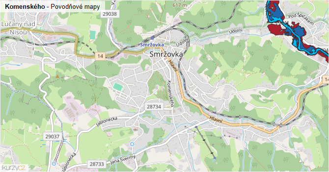 Komenského - záplavové mapy stoleté vody