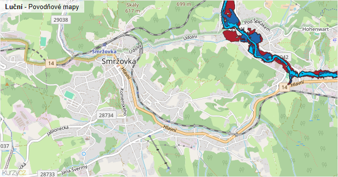 Luční - záplavové mapy stoleté vody