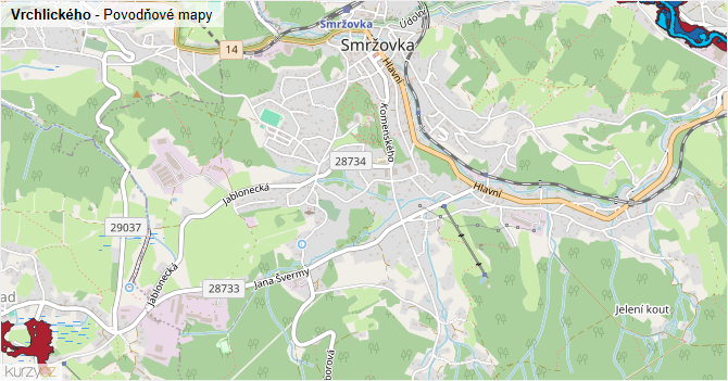 Vrchlického - záplavové mapy stoleté vody