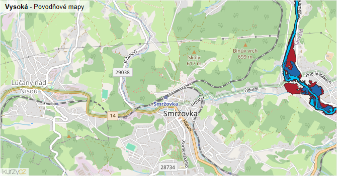 Vysoká - záplavové mapy stoleté vody