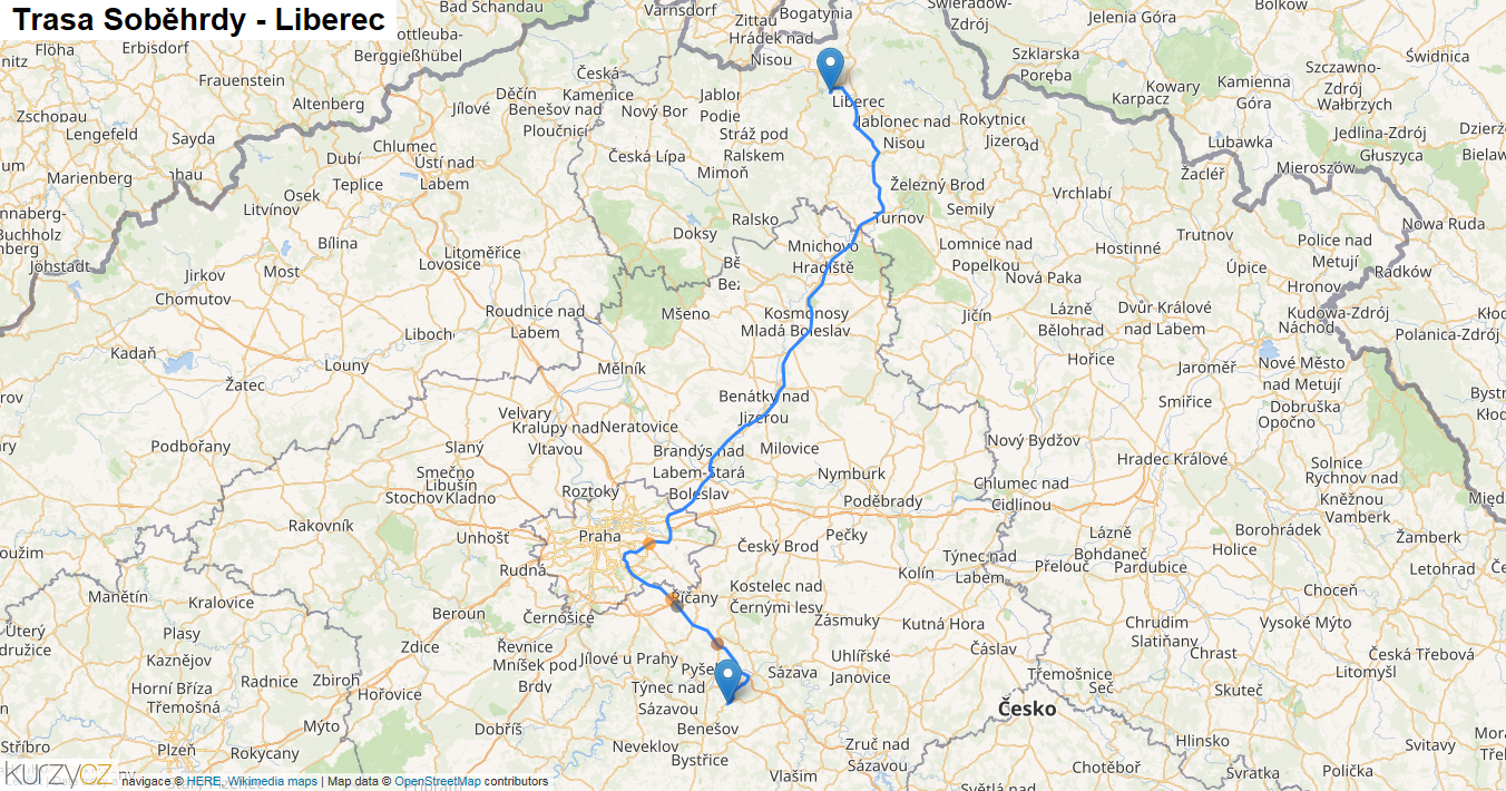 Soběhrdy-Liberec, mapa trasy