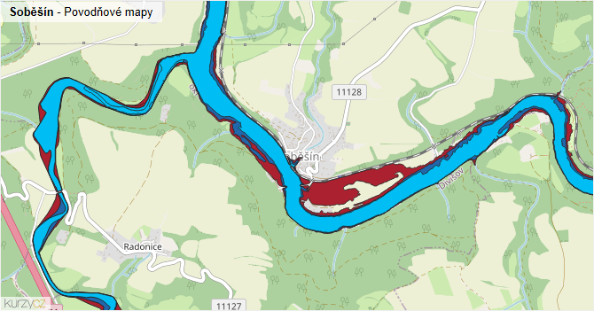 Soběšín - záplavové mapy stoleté vody
