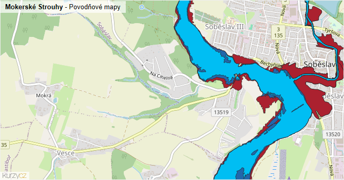 Mokerské Strouhy - záplavové mapy stoleté vody