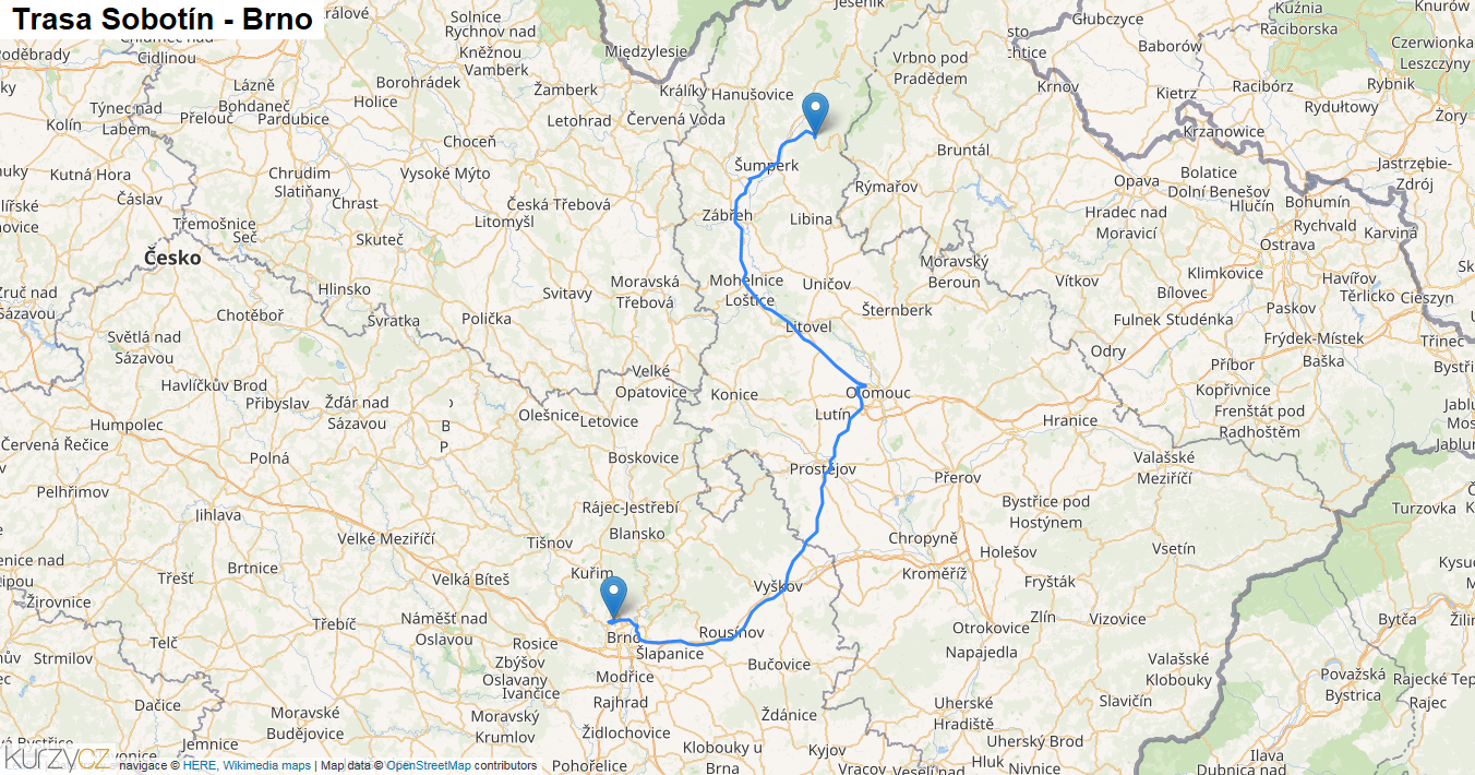 Sobotín-Brno, mapa trasy