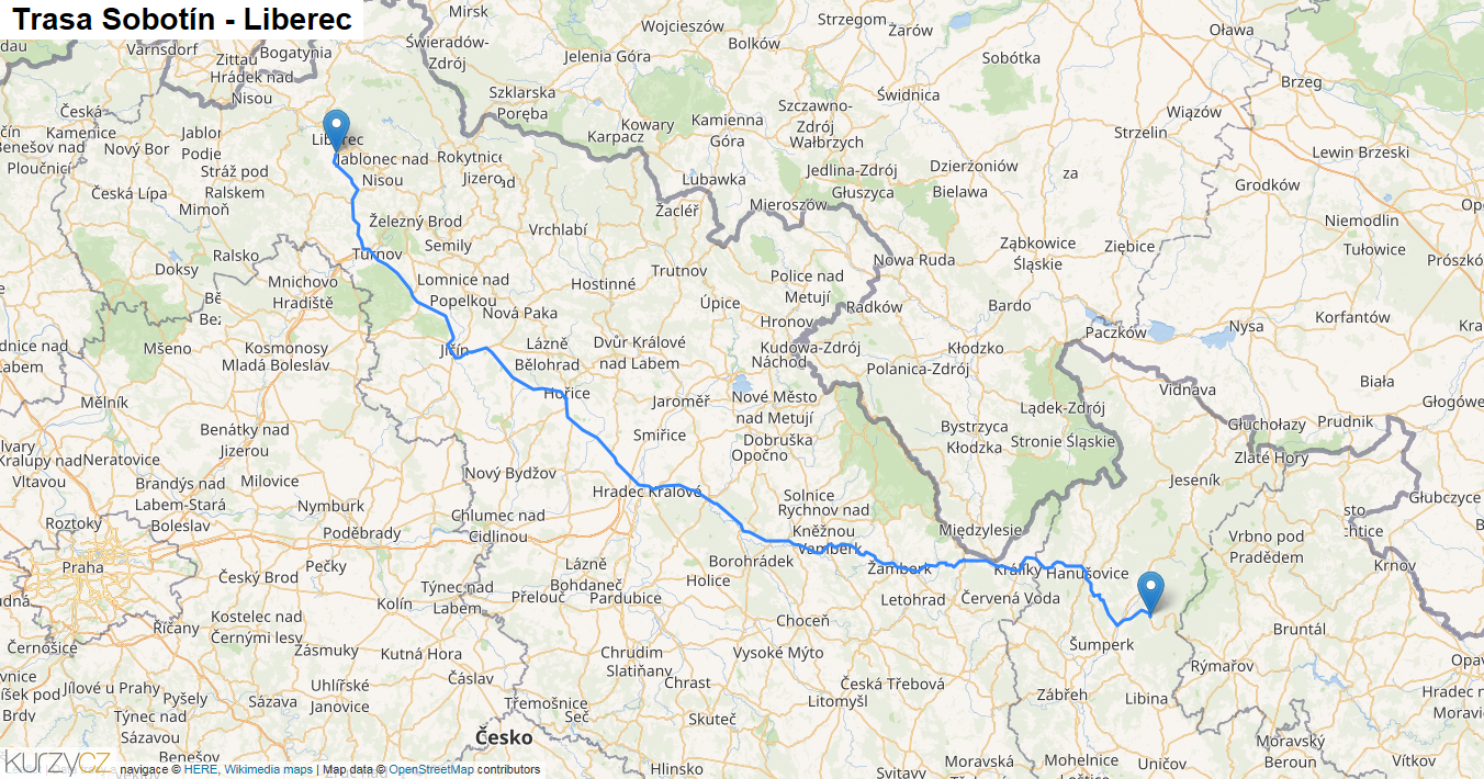 Sobotín-Liberec, mapa trasy