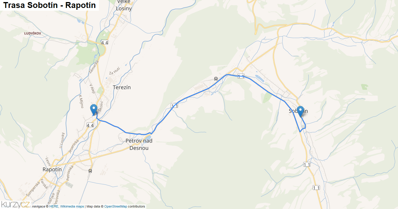 Sobotín-Rapotín, mapa trasy
