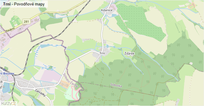 Trní - záplavové mapy stoleté vody