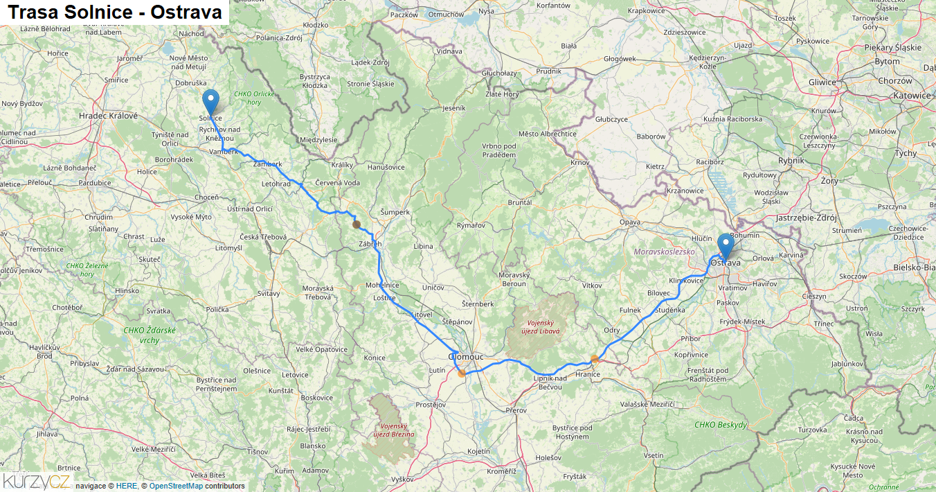 Solnice-Ostrava, mapa trasy