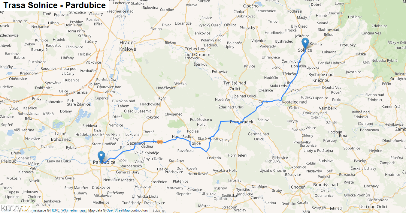 Solnice-Pardubice, mapa trasy