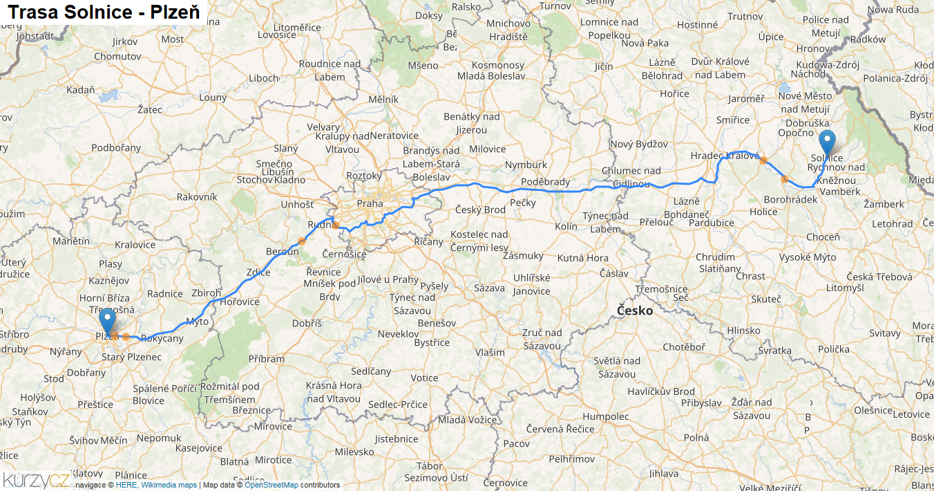 Solnice-Plzeň, mapa trasy