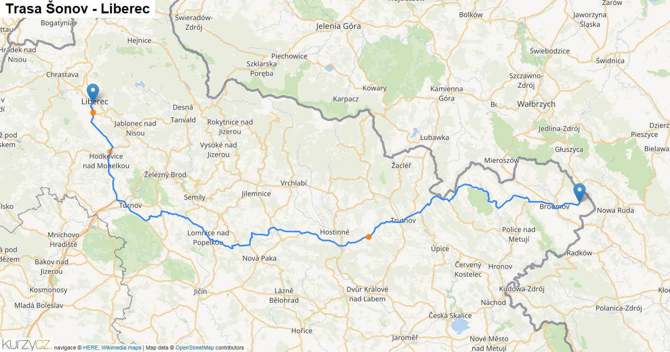 Šonov-Liberec, mapa trasy