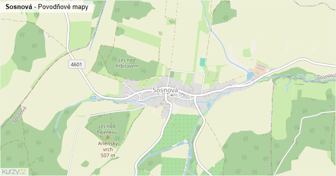 Sosnová - záplavové mapy stoleté vody
