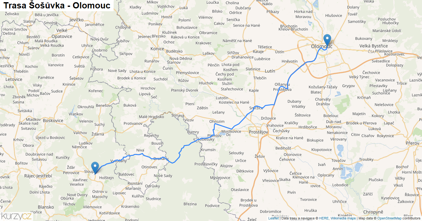 Šošůvka-Olomouc, mapa trasy
