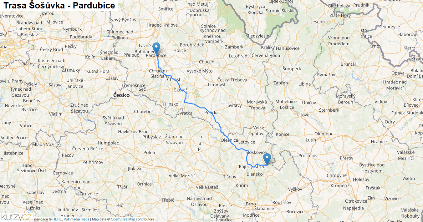 Šošůvka-Pardubice, mapa trasy