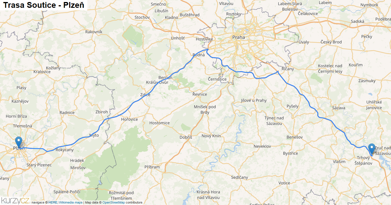 Soutice-Plzeň, mapa trasy