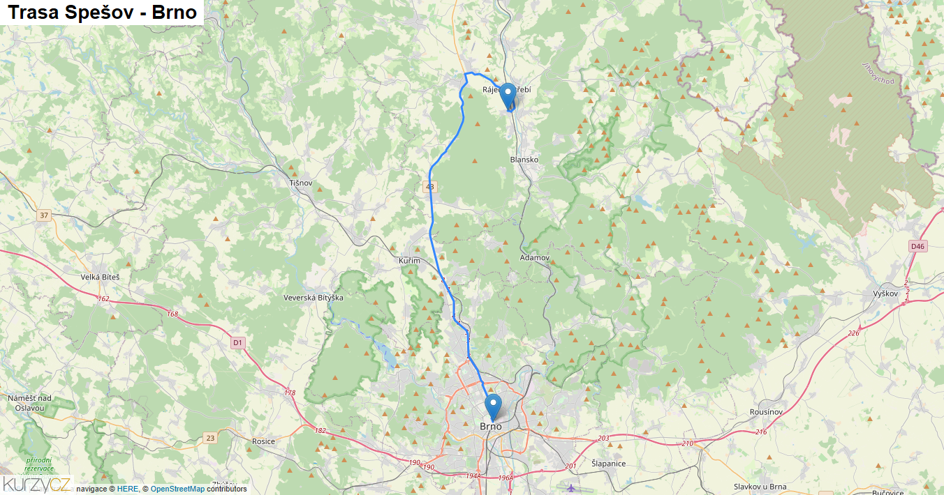 Spešov-Brno, mapa trasy