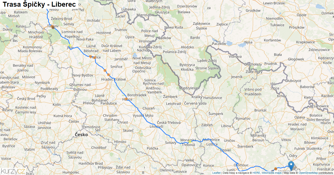Špičky-Liberec, mapa trasy